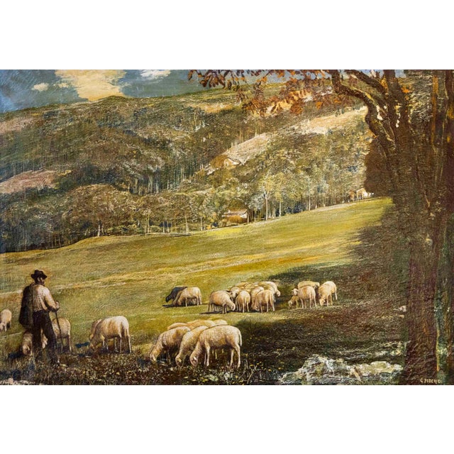 Italian Gino Federici, Shepherd with Flock, Oil on Canvas, Signed, 20th Century For Sale - Image 3 of 9