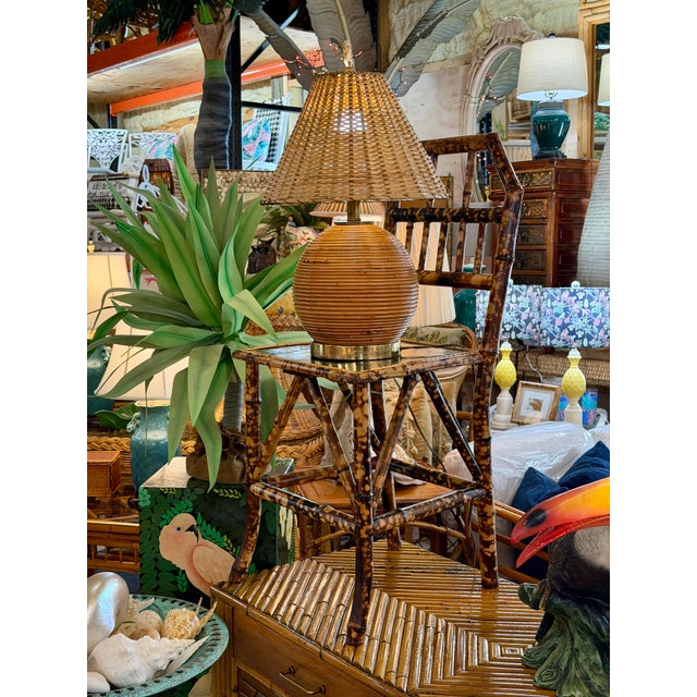 Vintage Pencil Rattan Table Lamp With Crab Finial & Woven Shade For Sale - Image 12 of 12