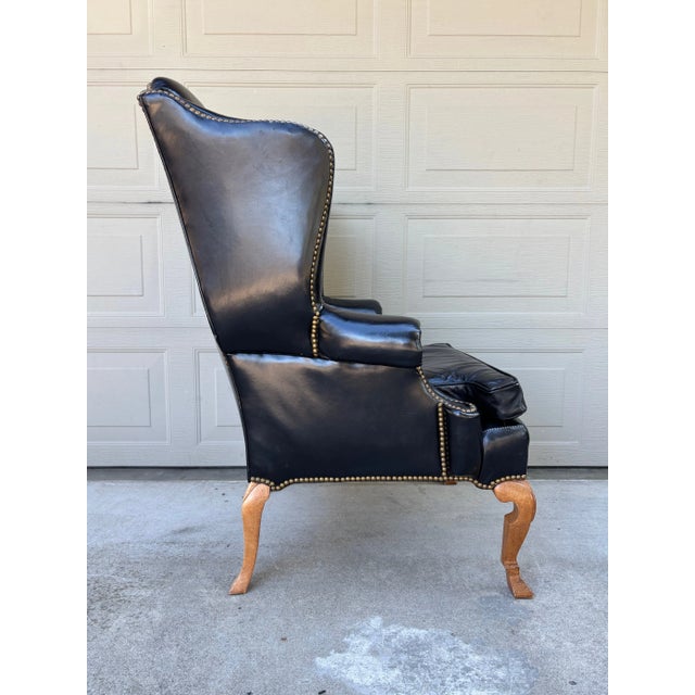 Baker Furniture Company Vintage Antique Leather Nailhead Brass Wing Back Chair Library Baker Hancock Era For Sale - Image 4 of 14