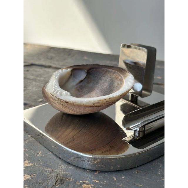 Rare Vintage Art Deco Mounted Natural Clam Shell + Chrome Cigar Tray, Circa 1930s For Sale - Image 11 of 16