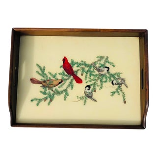Vintage Wood Frame With Painted Birds Serving Tray For Sale