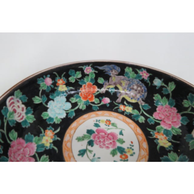 Mid 20th Century Asian Famille Noire Enamel Glazed Porcelain Centerpiece Bowl Floral Motif 4995b For Sale - Image 5 of 18