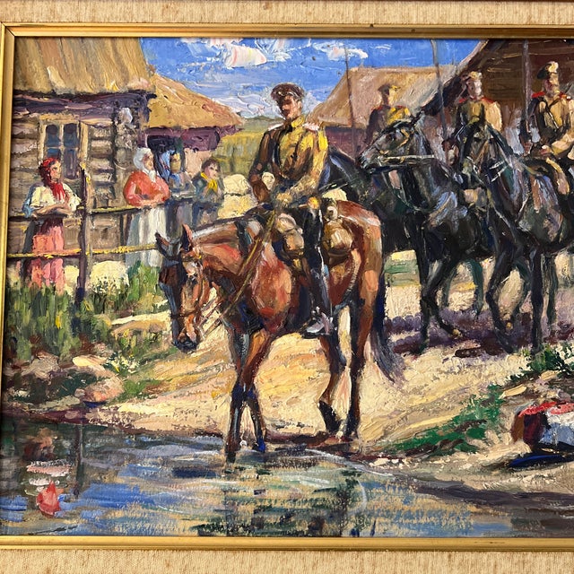 20th Century Oil on Canvas Board European School Framed Signed by Aleksandr Karamzin Titled Cossacks Entering Village For Sale - Image 4 of 11
