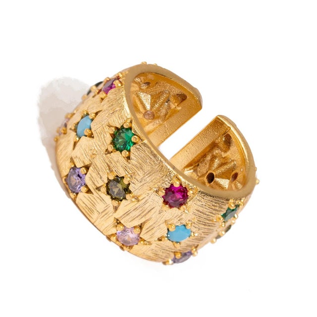 Early 21st Century Celestial Harmony Multi Gemstone Gold Cuff Ring, Size 8 For Sale - Image 5 of 8