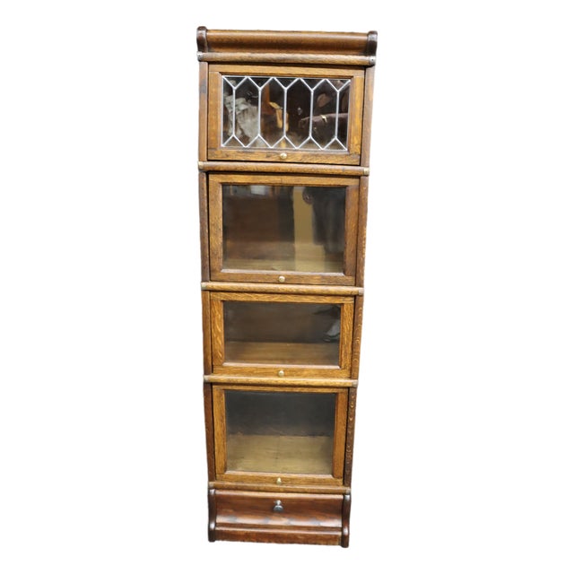 Rare Globe-Wernicke Attributed Quarter Sawn Oak Stacking Bookcase With Leaded Glass For Sale