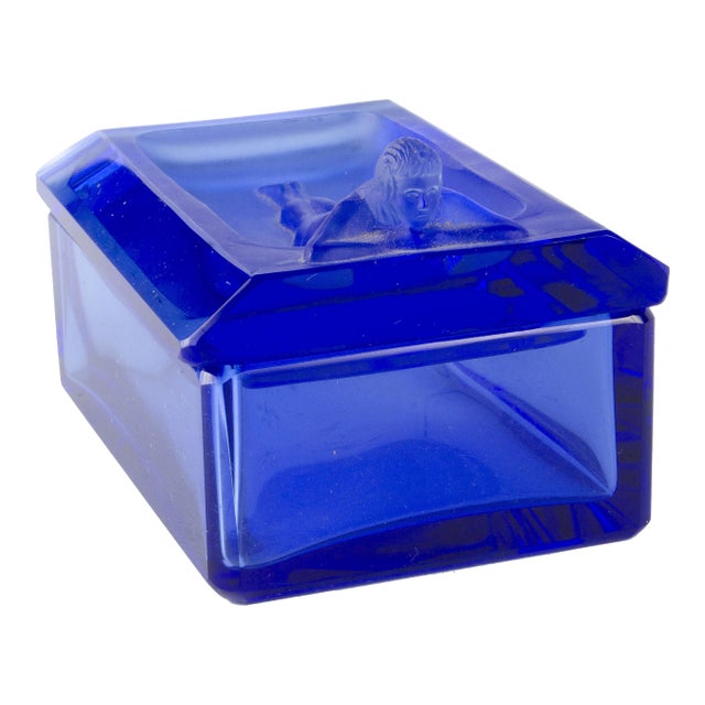 1970s Bohemian Translucent Blue Glass Decorative Box With a Nymph on the Lid, Czech Republic For Sale