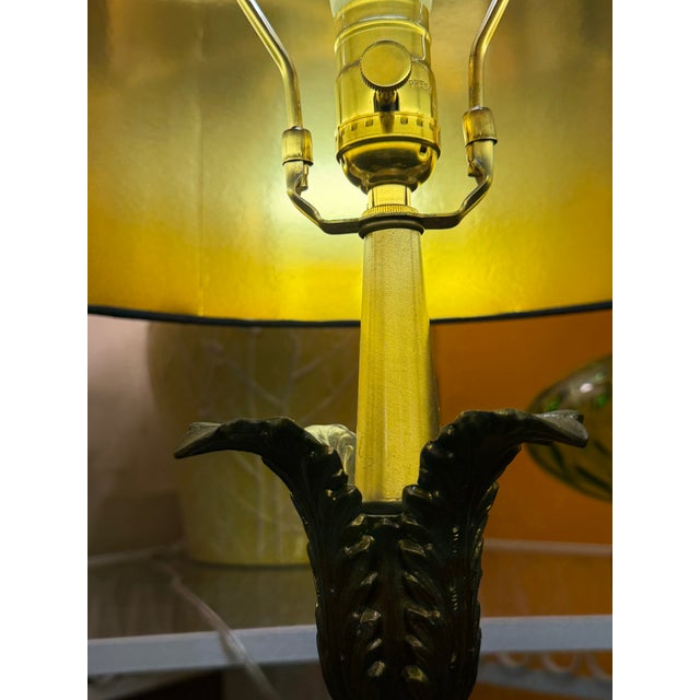 Green 1960s Green Pressed Glass and Brass Finish Lamp Custom Foil Shade For Sale - Image 8 of 9