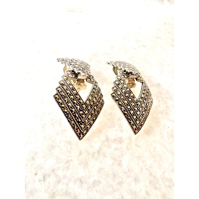 Art Deco Vintage Art Deco Sterling Silver Marcasite Chevron Gatsby Hoop Earrings Door Knocker Clip On, A Pair For Sale - Image 3 of 5