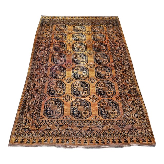 Vintage Afghan Ersari Rug, Hand-Knotted Wool, Allover Geometric Design, Camelhair & Navy, 9’ X 13’ For Sale