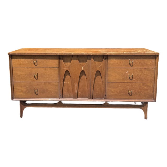 Mid Century Modern Broyhill Brasilia 9 Drawer Walnut Lowboy With Two Mirrors For Sale