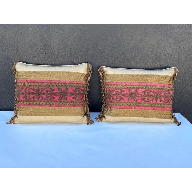 Red 19th C. Italian Metal Thread Red Silk. Fragment Pillows - a Pair For Sale - Image 8 of 8