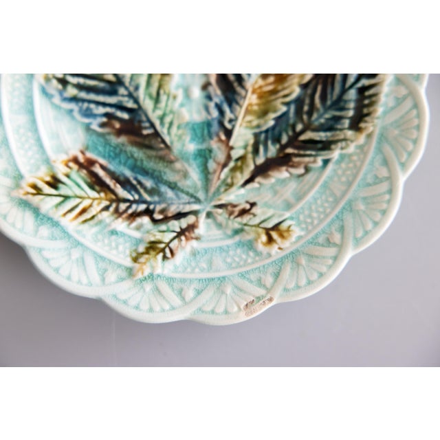 19th Century Swedish Rörstrand Majolica Turquoise Chestnut Leaf Plate For Sale - Image 4 of 7