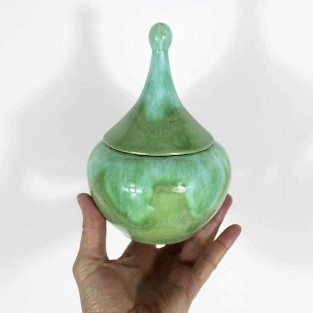 Mid Century Modern Ceramic Trinket Box Hand Made Aqua Blue Turquoise Green For Sale - Image 4 of 8