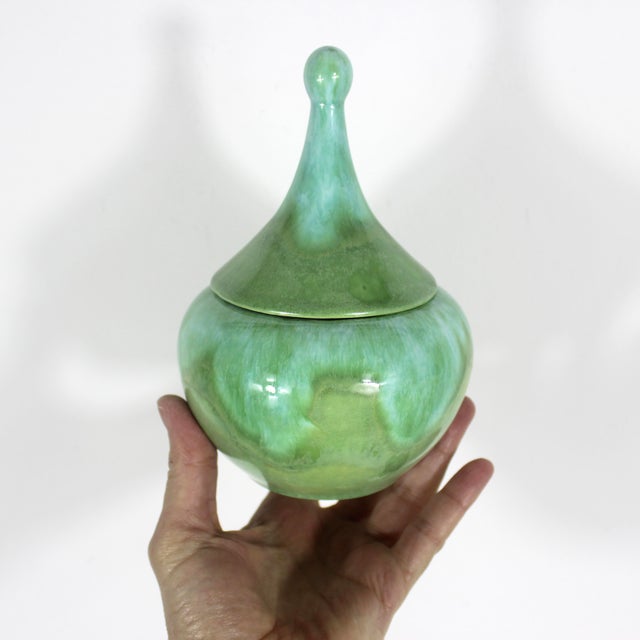 Mid Century Modern Ceramic Trinket Box Hand Made in Canada Aqua Blue Turquoise Green For Sale - Image 4 of 8