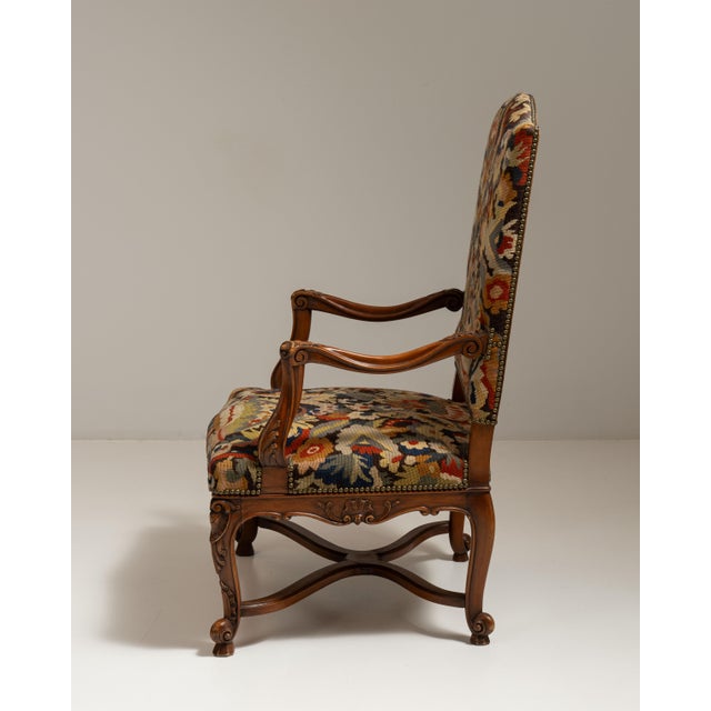 19th Century French Chestnut Brown Louis XV Upholstered Throne Armchair For Sale - Image 4 of 15