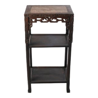 Antique Chinese Carved Hardwood Three Tier Stand With Inset Marble For Sale