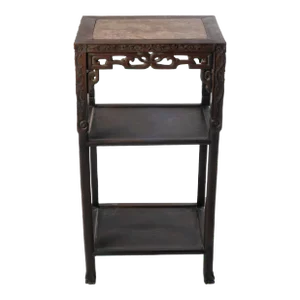 Antique Chinese Carved Hardwood Three Tier Stand With Inset Marble