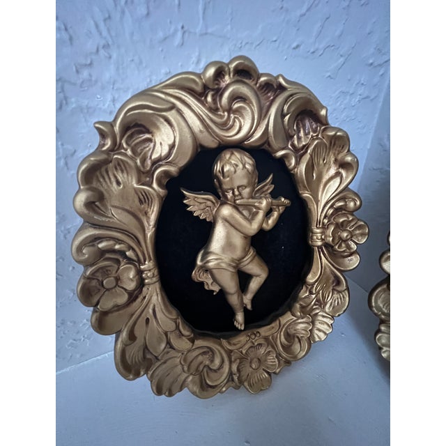 Vintage Ardco Cherub Wall Plaques Gold Rococo Putti Art Set of 2 Hollywood Regency Decor Black Velvet Japan For Sale - Image 6 of 12
