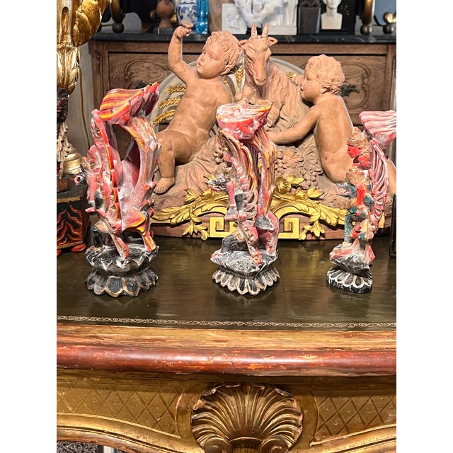 1940s Carved Painted and Gilded Distress Finish Three Temple Carvings- Set of 3 For Sale - Image 9 of 11