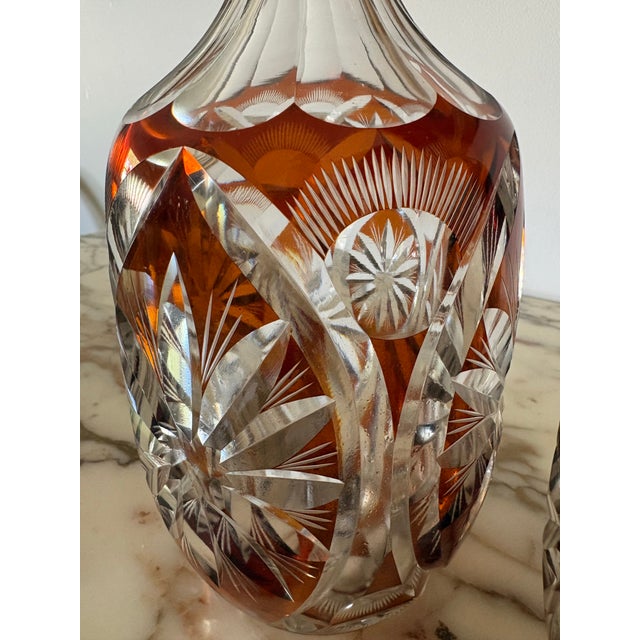 Pair Vintage Bohemian Czech Amber Cut to Clear Decanters For Sale - Image 9 of 12