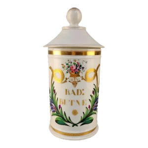 Late 18th Century French Glazed Porcelain Apothecary/Pharmacy Jar With Lid- 'Rad: Butne'