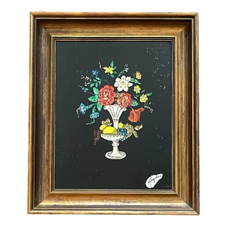 1940s Framed Silver Epergne Holding Flowers and Fruit Silver Foil Tinsel Painting For Sale
