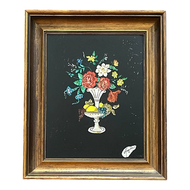 1940s Framed Silver Epergne Holding Flowers and Fruit Silver Foil Tinsel Painting For Sale