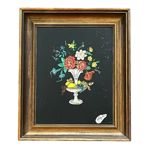 1940s Framed Silver Epergne Holding Flowers and Fruit Silver Foil Tinsel Painting