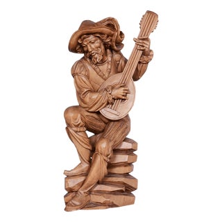 French Artist, Original Neo-Rococo Statuette of Lutenist, 1840s, Lacquered Pear Wood For Sale