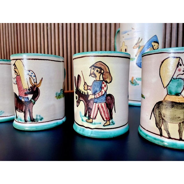Italian Ceramic Mugs & Pitcher Tea Service with Hand-Painted Rural Image Motifs by Andrea Darienzo for Vietri, 1950s, Set of 7 For Sale - Image 18 of 18