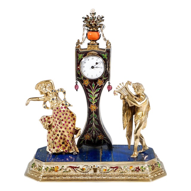 Viennese Glass and Silver Belle Epoque Splendour Clock with Enamel and Gemstones, 1880 For Sale