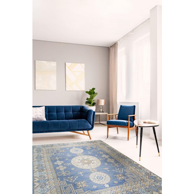 Textile 10x14 Traditional Blue Geometric Medallion Modern Hand Knotted Wool Carpet Rug For Sale - Image 7 of 8