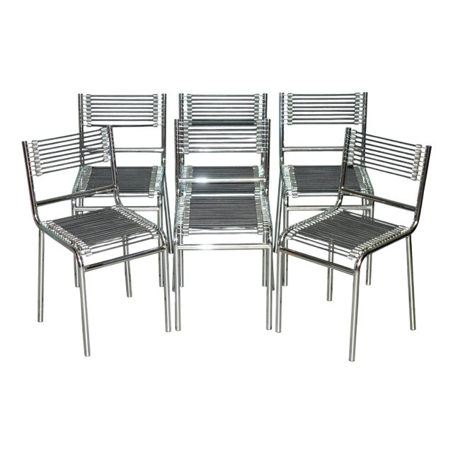 Chrome and Elastic Cord Dining Chairs by René Herbst for Sandows, Set of 6 For Sale