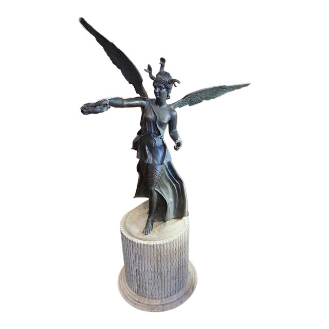 Antique 1900s Large Victory Bronze Statue on Marble Base Snakes Symbol Triumph Over Evil For Sale