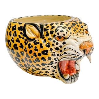 1960s Italian Glazed Ceramic Leopard Head Planter For Sale