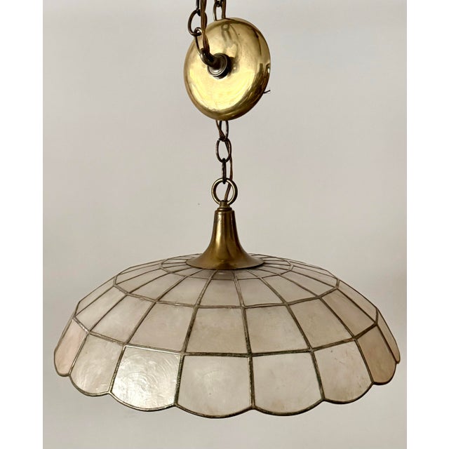 Vintage Capiz Shell Pendant Light With Brass Hardware and Scalloped Edge For Sale - Image 4 of 10
