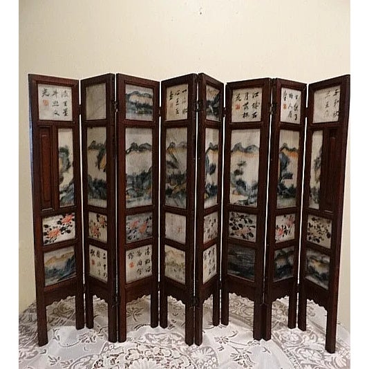 Final Markdown - Antique Tabletop 18th Century Asian 8 Panel Screen W/ Village Scenes & Landscapes For Sale - Image 4 of 14