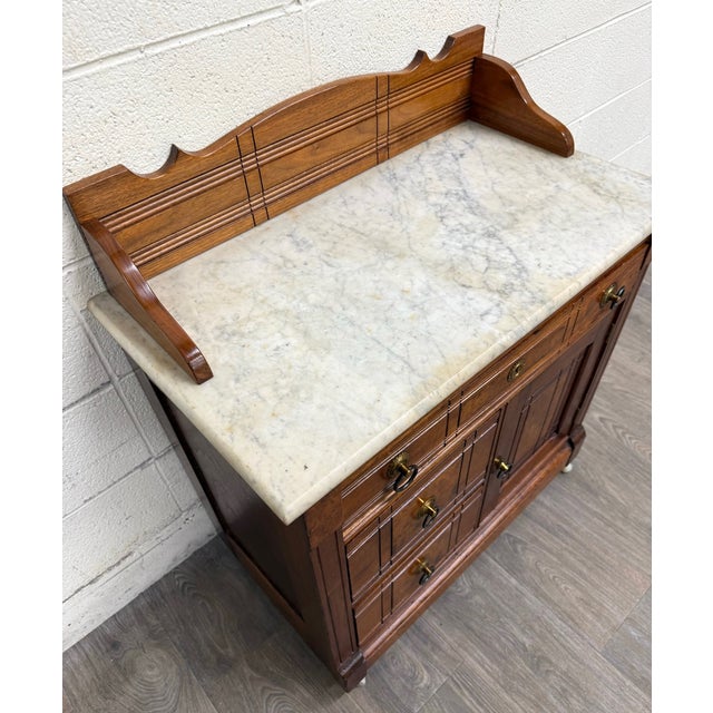 Antique Victorian Eastlake Style Walnut Marble Top Cabinet Commode Washstand For Sale - Image 11 of 12
