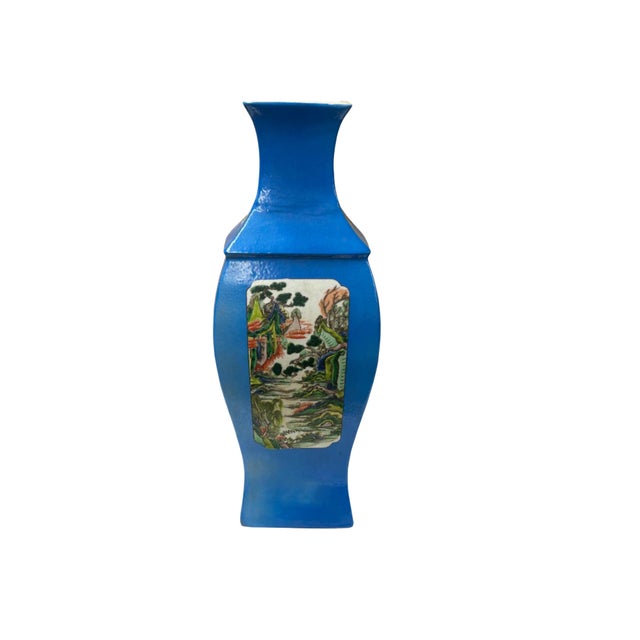 An striking and elegantly proportioned Chinese porcelain quadrangular (four-sided) vase, featuring a vibrant, high-gloss...