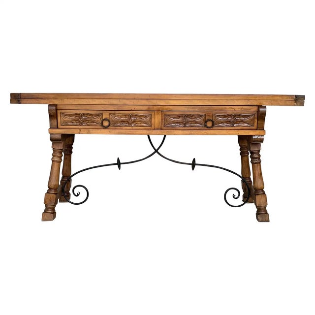 Early 20th Spanish Console Fold Out Table With Iron Stretcher and Two Drawers For Sale - Image 13 of 13
