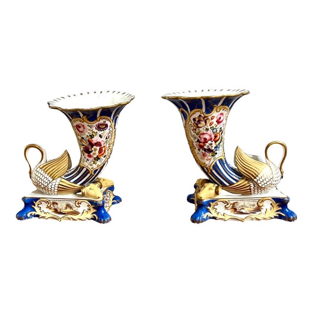 A Pair of English Porcelain Cornucopia Vases Circa 1820 For Sale