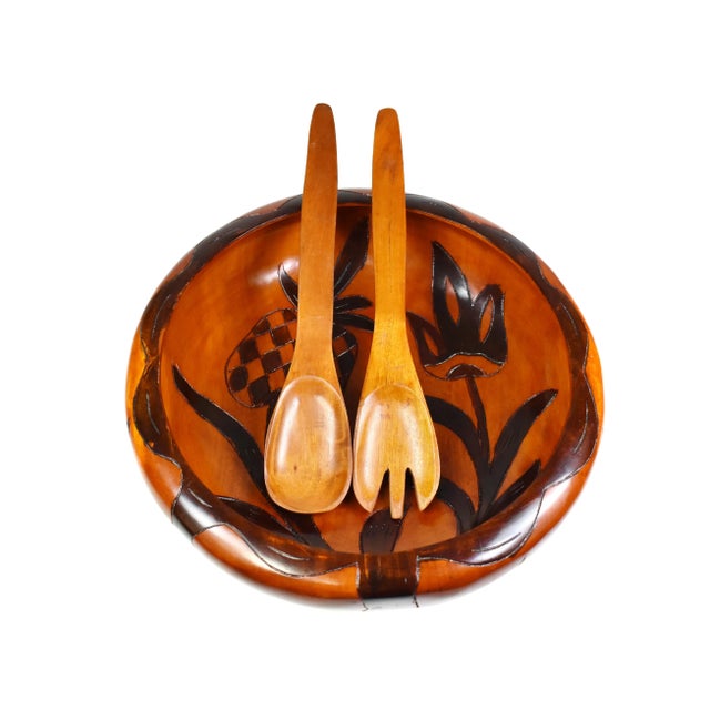 Boho Chic Vintage Hand Carved Large Serving Salad Bowl With Small Bowls and Serving Utensils -7 Pieces For Sale - Image 3 of 12