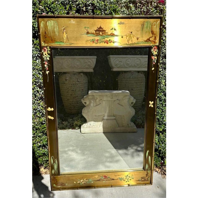 Chinoiserie LaBarge Italian Chinoiserie Hand-Painted Brass Bamboo Framed Mirror, 1970s For Sale - Image 3 of 12