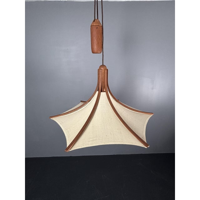 Brown Teak and Linen Umbrella Pendant Lamp attributed to Domus, 1970s For Sale - Image 8 of 15
