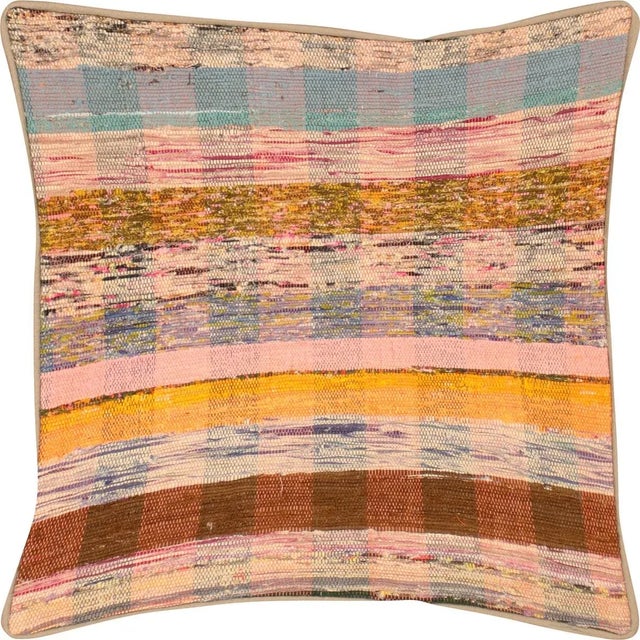 1960s Turkish Rag Pillow. Sewn with fragments of vintage hand made Anatolian cotton & linen kilims. Fiber fill. 523056