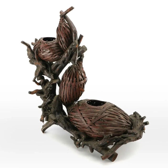 Meiji Japanese Bamboo Basket Hyotan Double Gourd Ikebana Flower Vase Antique Vintage Not Signed For Sale - Image 14 of 18