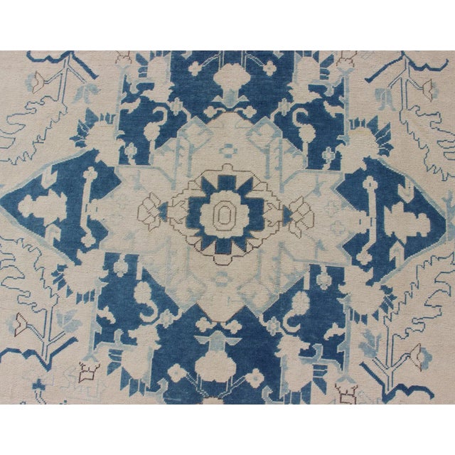 Blue and Ivory Floral Vintage Turkish Oushak Rug With Blossoming Medallion For Sale In Atlanta - Image 6 of 12