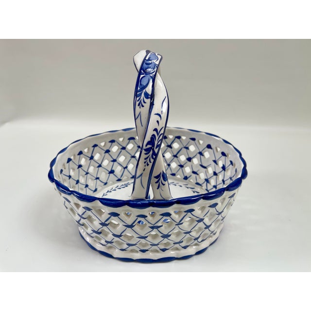 Traditional Large Vintage European Blue & White Pierced Centerpiece Basket For Sale - Image 3 of 9
