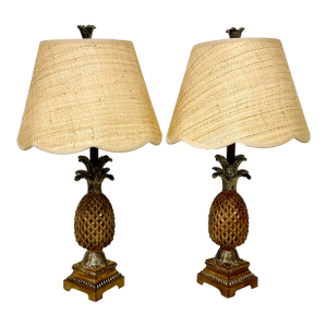 1980s Vintage Chinoiserie Coastal Faux Wood Pineapple Table Lamps - A Pair, New Raffia Shades.