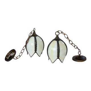 Mid 20th Century White Slag Glass Pendants - a Pair For Sale